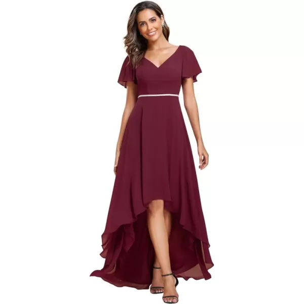 EverPretty Womens V Neck Ruffle Sleeve Lotus Leaf Asymmetry Hem High Low Chiffon Formal Dresses 01748Burgundy