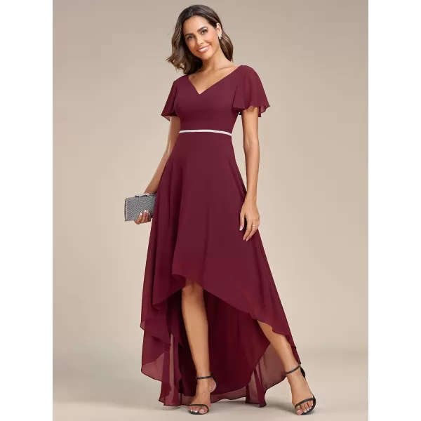 EverPretty Womens V Neck Ruffle Sleeve Lotus Leaf Asymmetry Hem High Low Chiffon Formal Dresses 01748Burgundy