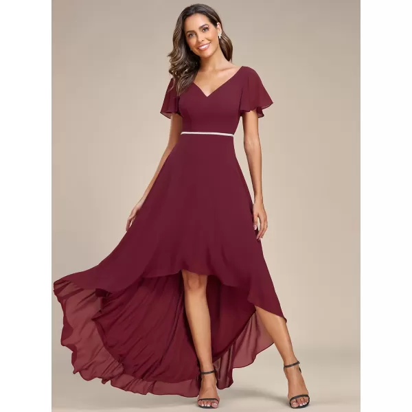 EverPretty Womens V Neck Ruffle Sleeve Lotus Leaf Asymmetry Hem High Low Chiffon Formal Dresses 01748Burgundy