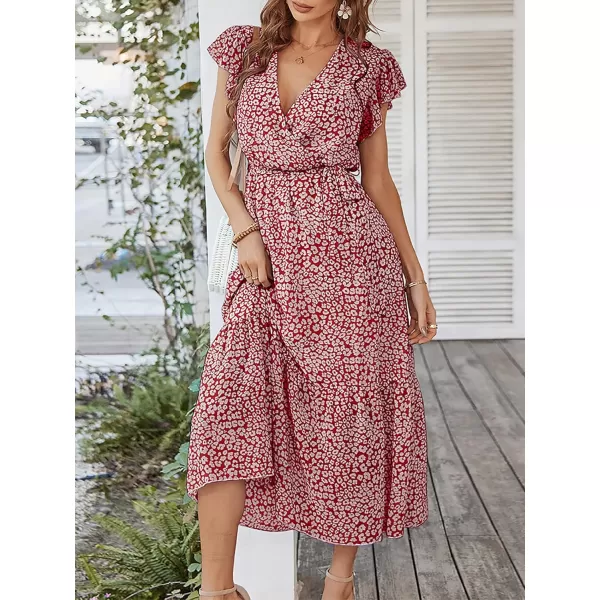 EverPretty Womens V Neck Ruffle Sleeve Tiered Floral Midi Summer Maxi Dress for Women 40401Burgundy