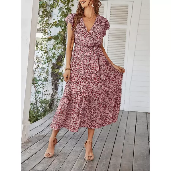 EverPretty Womens V Neck Ruffle Sleeve Tiered Floral Midi Summer Maxi Dress for Women 40401Burgundy