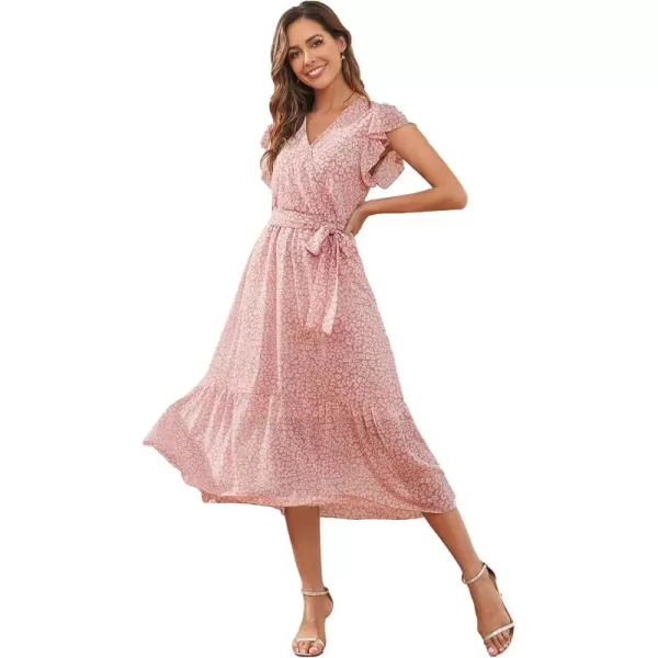 EverPretty Womens V Neck Ruffle Sleeve Tiered Floral Midi Summer Maxi Dress for Women 40401Pink