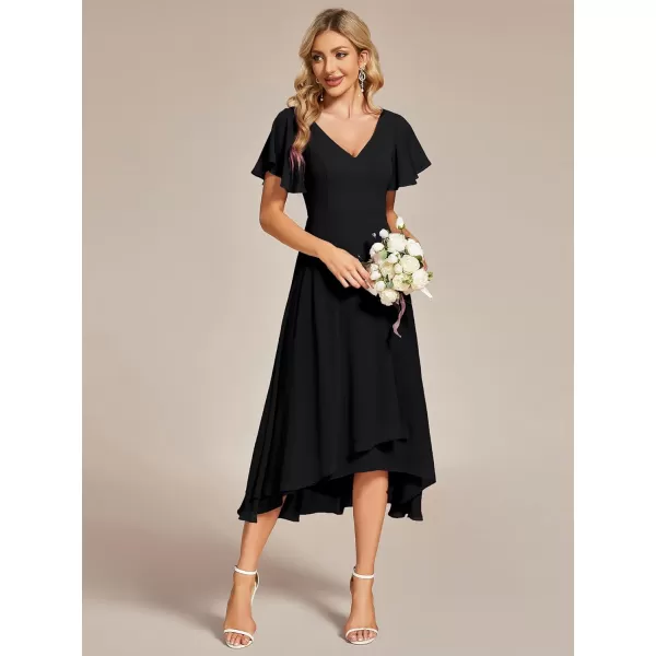 EverPretty Womens V Neck Ruffle Sleeves Irregular Chiffon ALine Midi Wedding Guest Dresses 01756Black