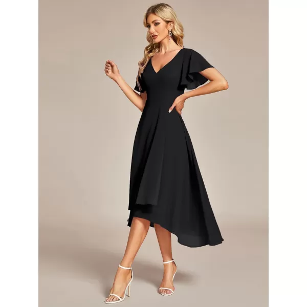 EverPretty Womens V Neck Ruffle Sleeves Irregular Chiffon ALine Midi Wedding Guest Dresses 01756Black