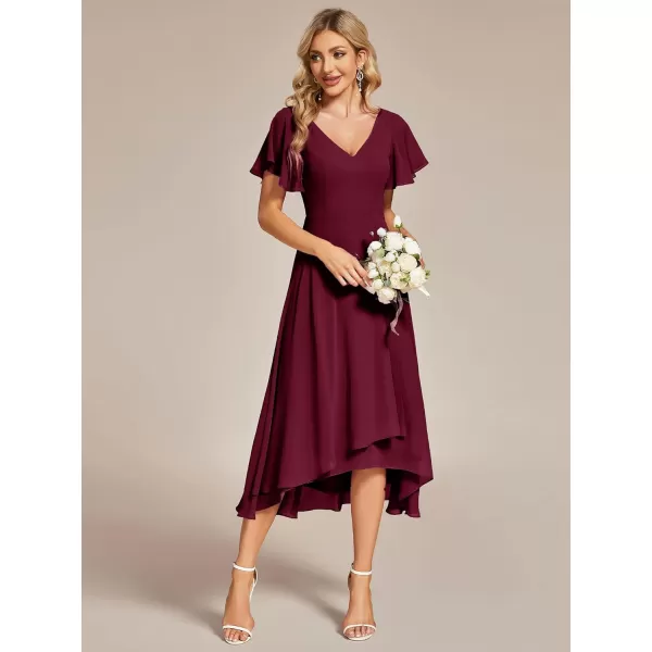 EverPretty Womens V Neck Ruffle Sleeves Irregular Chiffon ALine Midi Wedding Guest Dresses 01756Burgundy