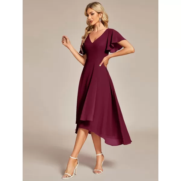 EverPretty Womens V Neck Ruffle Sleeves Irregular Chiffon ALine Midi Wedding Guest Dresses 01756Burgundy