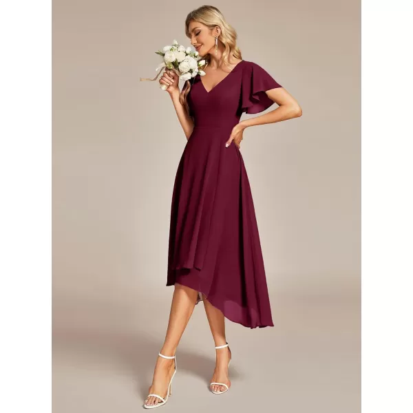 EverPretty Womens V Neck Ruffle Sleeves Irregular Chiffon ALine Midi Wedding Guest Dresses 01756Burgundy