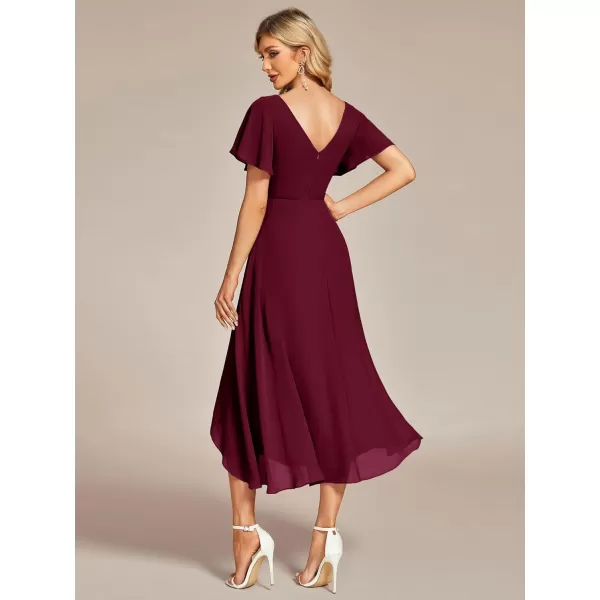 EverPretty Womens V Neck Ruffle Sleeves Irregular Chiffon ALine Midi Wedding Guest Dresses 01756Burgundy