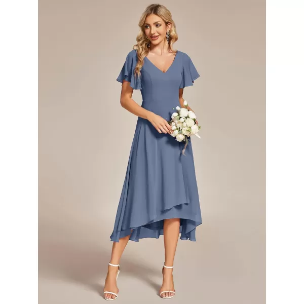 EverPretty Womens V Neck Ruffle Sleeves Irregular Chiffon ALine Midi Wedding Guest Dresses 01756Dusty Navy