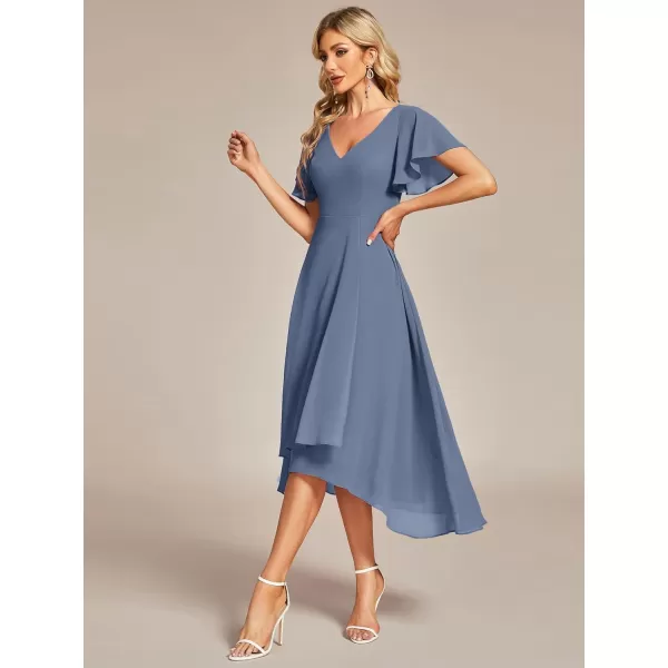 EverPretty Womens V Neck Ruffle Sleeves Irregular Chiffon ALine Midi Wedding Guest Dresses 01756Dusty Navy