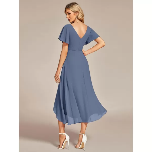 EverPretty Womens V Neck Ruffle Sleeves Irregular Chiffon ALine Midi Wedding Guest Dresses 01756Dusty Navy