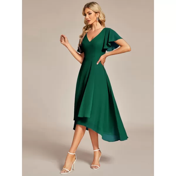 EverPretty Womens V Neck Ruffle Sleeves Irregular Chiffon ALine Midi Wedding Guest Dresses 01756Green