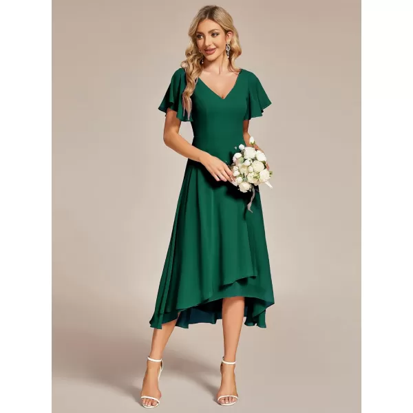 EverPretty Womens V Neck Ruffle Sleeves Irregular Chiffon ALine Midi Wedding Guest Dresses 01756Green