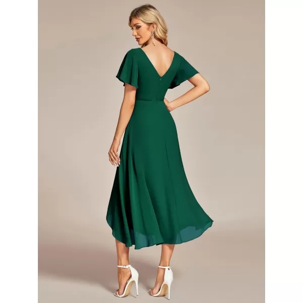 EverPretty Womens V Neck Ruffle Sleeves Irregular Chiffon ALine Midi Wedding Guest Dresses 01756Green