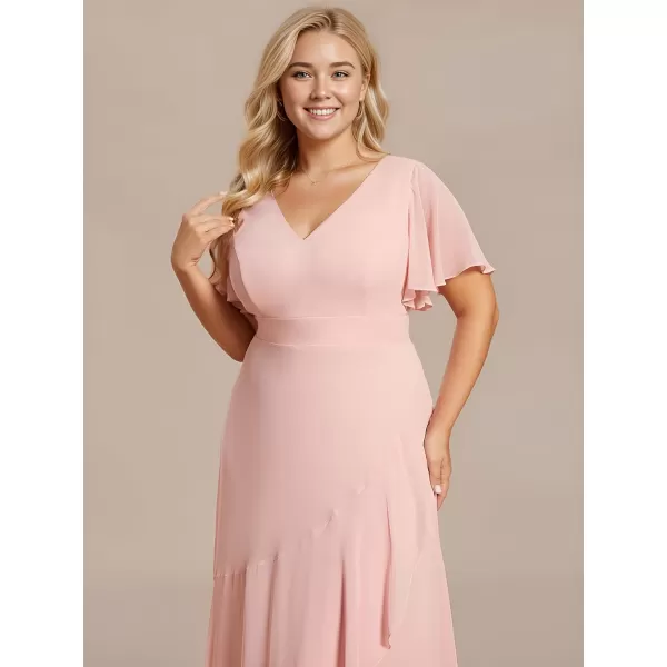 EverPretty Womens V Neck Ruffles Aline Chiffon Plus Size Curvy Semi Formal Dresses with SleevesPink