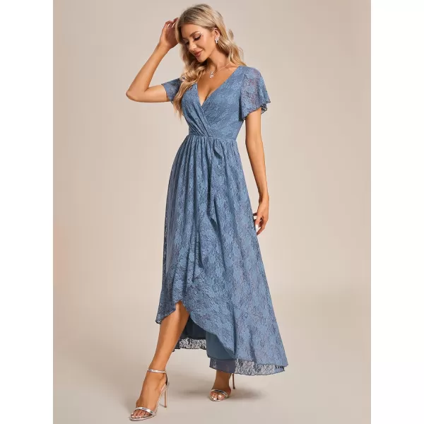 EverPretty Womens V Neck Ruffles Sleeves Pleated Empire Waist ALine Maxi Formal Dresses 01489Dusty Navy