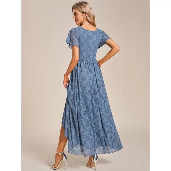 EverPretty Womens V Neck Ruffles Sleeves Pleated Empire Waist ALine Maxi Formal Dresses 01489Dusty Navy