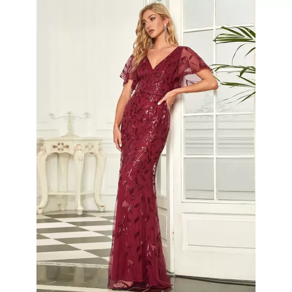 EverPretty Womens V Neck Short Bridesmaid Dress Sleeve Sparkly Embroidery Wedding Party Gown 0692Burgundy