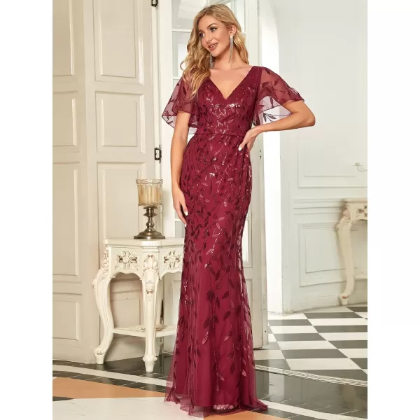 EverPretty Womens V Neck Short Bridesmaid Dress Sleeve Sparkly Embroidery Wedding Party Gown 0692Burgundy