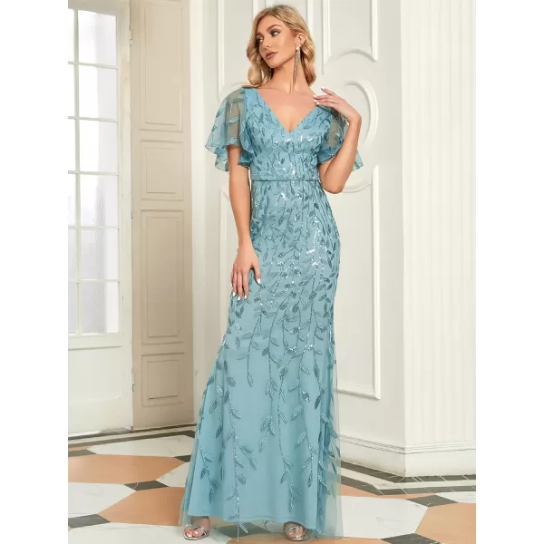 EverPretty Womens V Neck Short Bridesmaid Dress Sleeve Sparkly Embroidery Wedding Party Gown 0692Demin Blue