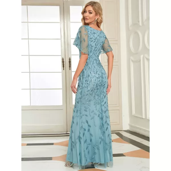 EverPretty Womens V Neck Short Bridesmaid Dress Sleeve Sparkly Embroidery Wedding Party Gown 0692Demin Blue