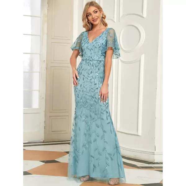 EverPretty Womens V Neck Short Bridesmaid Dress Sleeve Sparkly Embroidery Wedding Party Gown 0692Demin Blue