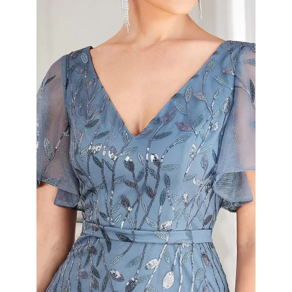 EverPretty Womens V Neck Short Bridesmaid Dress Sleeve Sparkly Embroidery Wedding Party Gown 0692Dusty Navy
