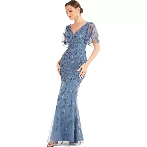 EverPretty Womens V Neck Short Bridesmaid Dress Sleeve Sparkly Embroidery Wedding Party Gown 0692Dusty Navy