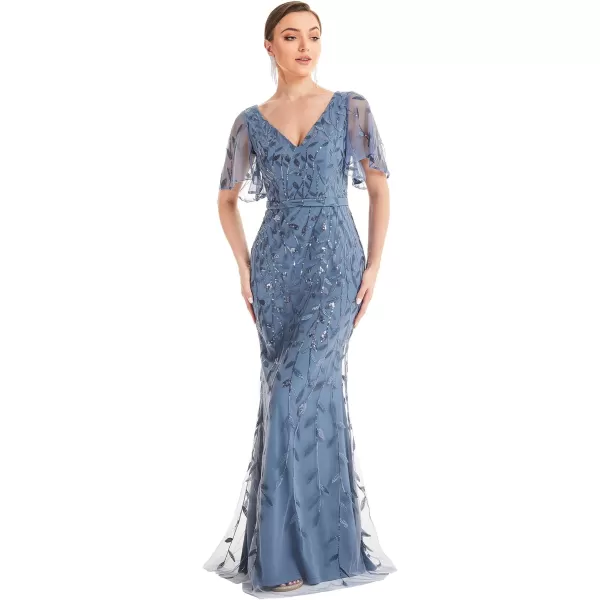 EverPretty Womens V Neck Short Bridesmaid Dress Sleeve Sparkly Embroidery Wedding Party Gown 0692Dusty Navy