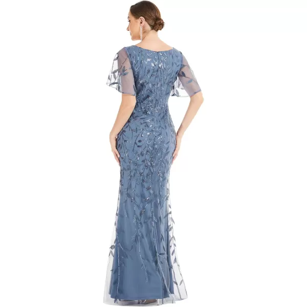 EverPretty Womens V Neck Short Bridesmaid Dress Sleeve Sparkly Embroidery Wedding Party Gown 0692Dusty Navy