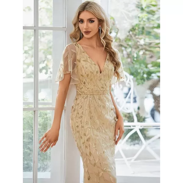 EverPretty Womens V Neck Short Bridesmaid Dress Sleeve Sparkly Embroidery Wedding Party Gown 0692Gold