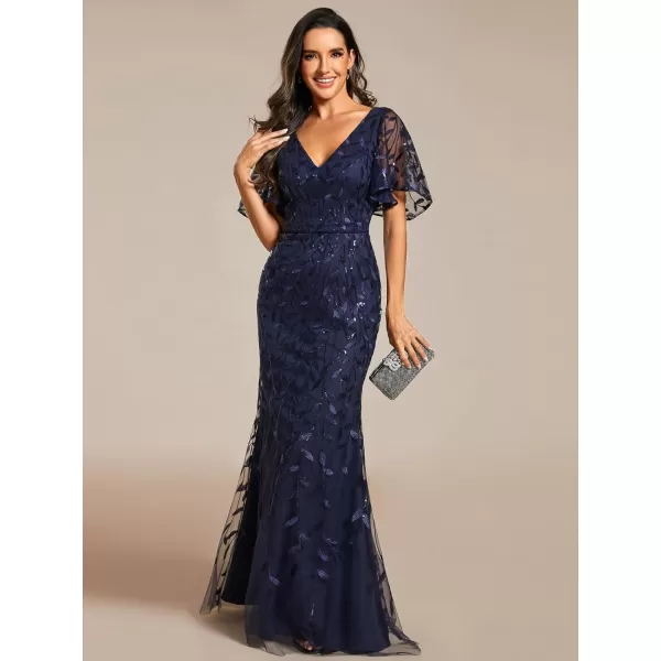 EverPretty Womens V Neck Short Bridesmaid Dress Sleeve Sparkly Embroidery Wedding Party Gown 0692Navy Blue