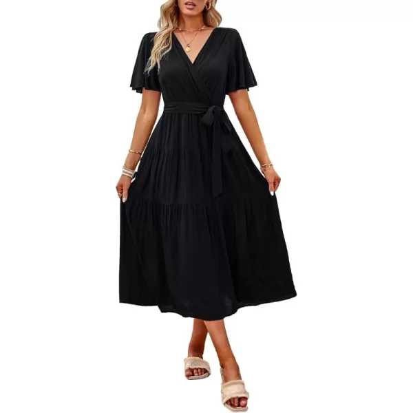 EverPretty Womens V Neck Short Sleeve Sash Ruffle Hem A Line FloorLength Flowy Summer Dresses 40406Black