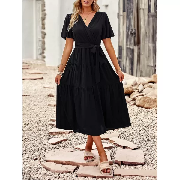 EverPretty Womens V Neck Short Sleeve Sash Ruffle Hem A Line FloorLength Flowy Summer Dresses 40406Black