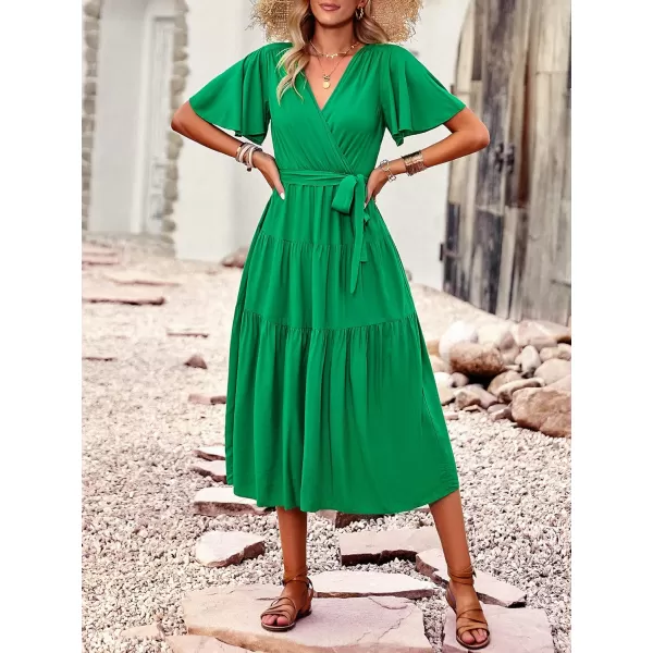 EverPretty Womens V Neck Short Sleeve Sash Ruffle Hem A Line FloorLength Flowy Summer Dresses 40406Green