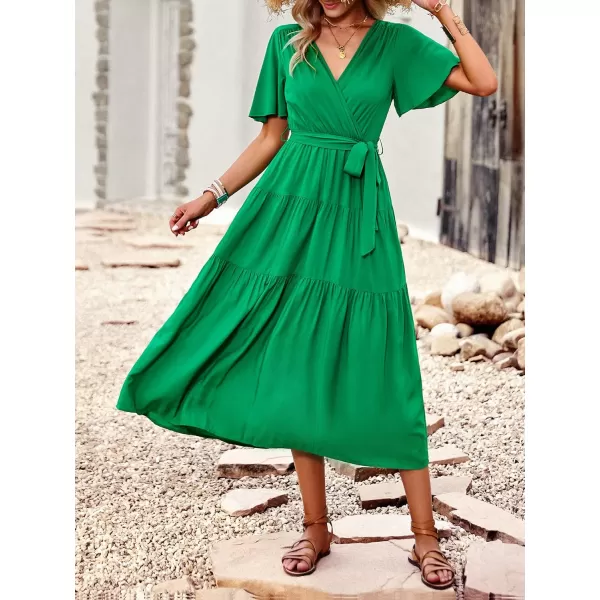 EverPretty Womens V Neck Short Sleeve Sash Ruffle Hem A Line FloorLength Flowy Summer Dresses 40406Green