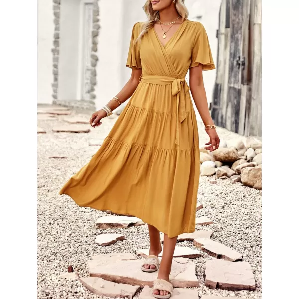 EverPretty Womens V Neck Short Sleeve Sash Ruffle Hem A Line FloorLength Flowy Summer Dresses 40406Yellow