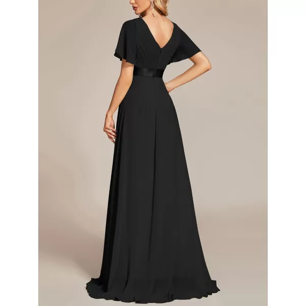 EverPretty Womens V Neck Short Sleeves A Line Chiffon Long Formal Dresses 09890Black