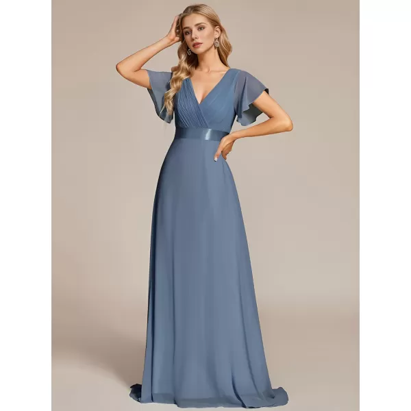 EverPretty Womens V Neck Short Sleeves A Line Chiffon Long Formal Dresses 09890Dusty Navy