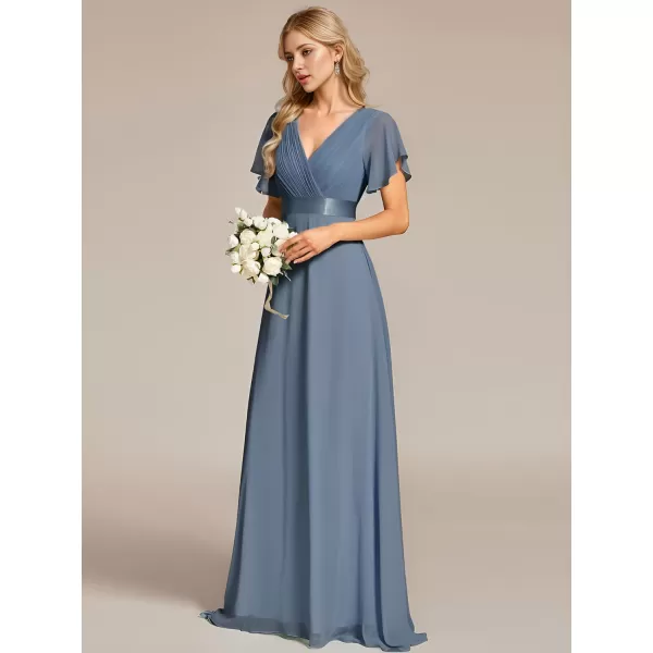 EverPretty Womens V Neck Short Sleeves A Line Chiffon Long Formal Dresses 09890Dusty Navy