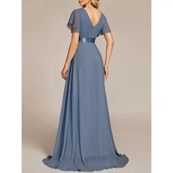 EverPretty Womens V Neck Short Sleeves A Line Chiffon Long Formal Dresses 09890Dusty Navy