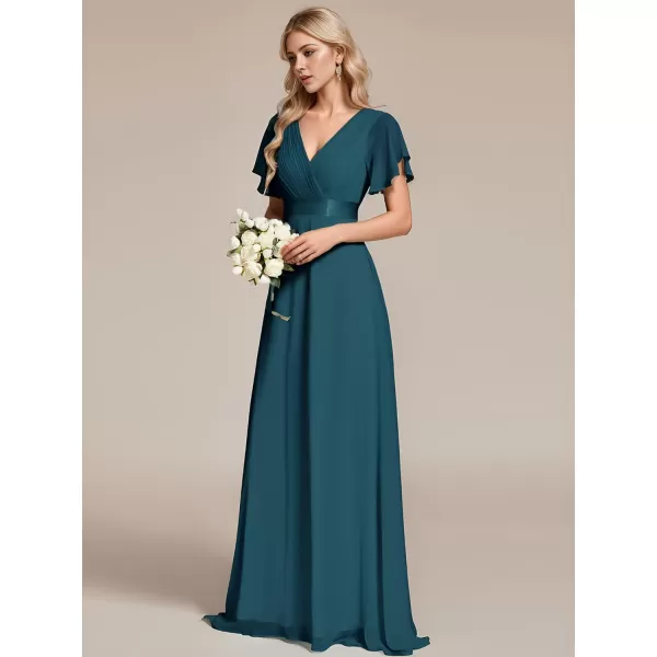 EverPretty Womens V Neck Short Sleeves A Line Chiffon Long Formal Dresses 09890Teal