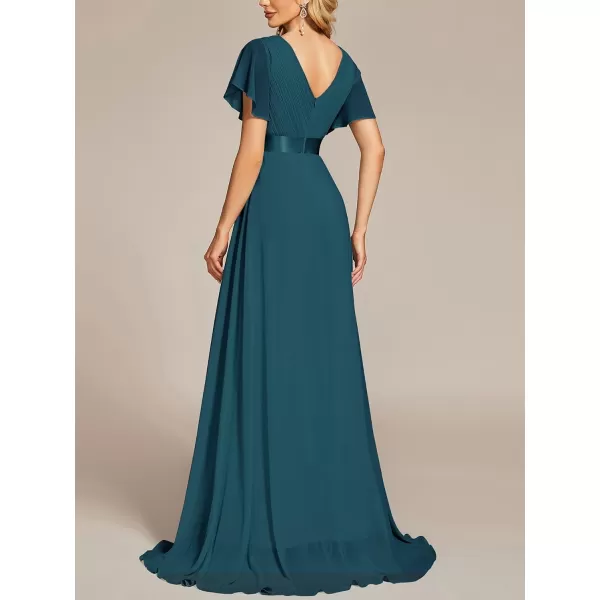 EverPretty Womens V Neck Short Sleeves A Line Chiffon Long Formal Dresses 09890Teal