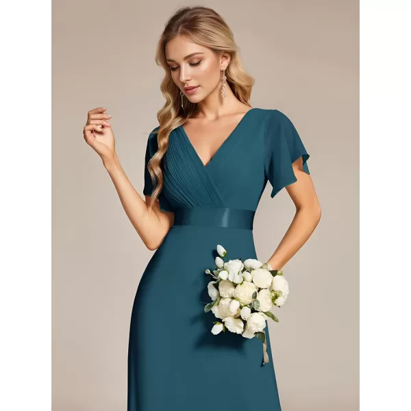 EverPretty Womens V Neck Short Sleeves A Line Chiffon Long Formal Dresses 09890Teal