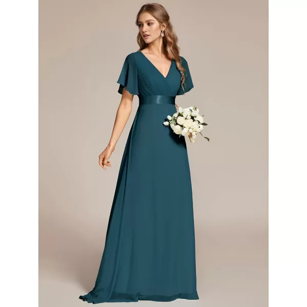 EverPretty Womens V Neck Short Sleeves A Line Chiffon Long Formal Dresses 09890Teal