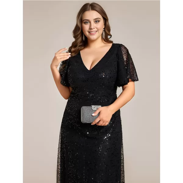 EverPretty Womens V Neck Short Sleeves Plus Size Sequin A Line Maxi Evening DressesAblack