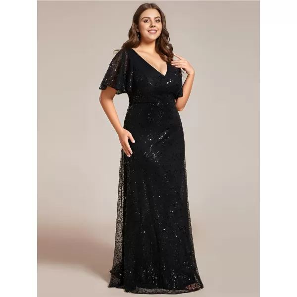 EverPretty Womens V Neck Short Sleeves Plus Size Sequin A Line Maxi Evening DressesAblack