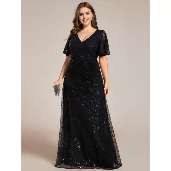 EverPretty Womens V Neck Short Sleeves Plus Size Sequin A Line Maxi Evening DressesAblack