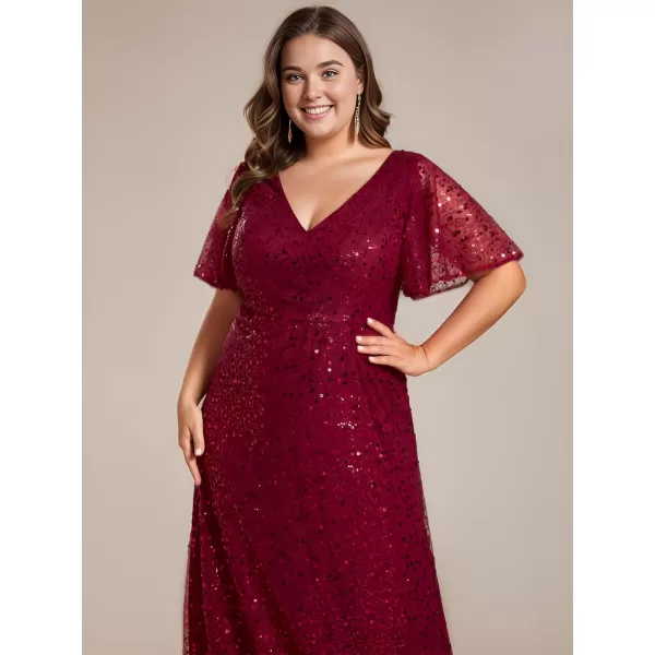 EverPretty Womens V Neck Short Sleeves Plus Size Sequin A Line Maxi Evening DressesAburgundy