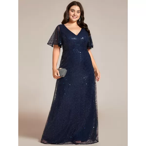 EverPretty Womens V Neck Short Sleeves Plus Size Sequin A Line Maxi Evening DressesAnavy Blue